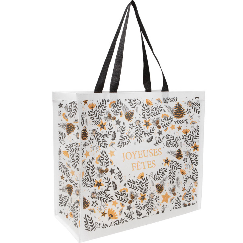 Sac shopping en polypropylène blanc et gris – Joyeuses Fêtes – 43 x 20 x 38 cm