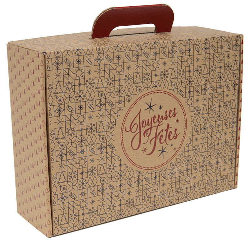 Valisette rectangulaire carton kraft rouge/noir, livré à plat – Natural Christmas – 41,5 x 33 x 12,5