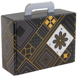 Valisette rectangulaire carton noir, blanc, jaune, livré à plat – Prestige – 34,5 x 22 x 12 cm