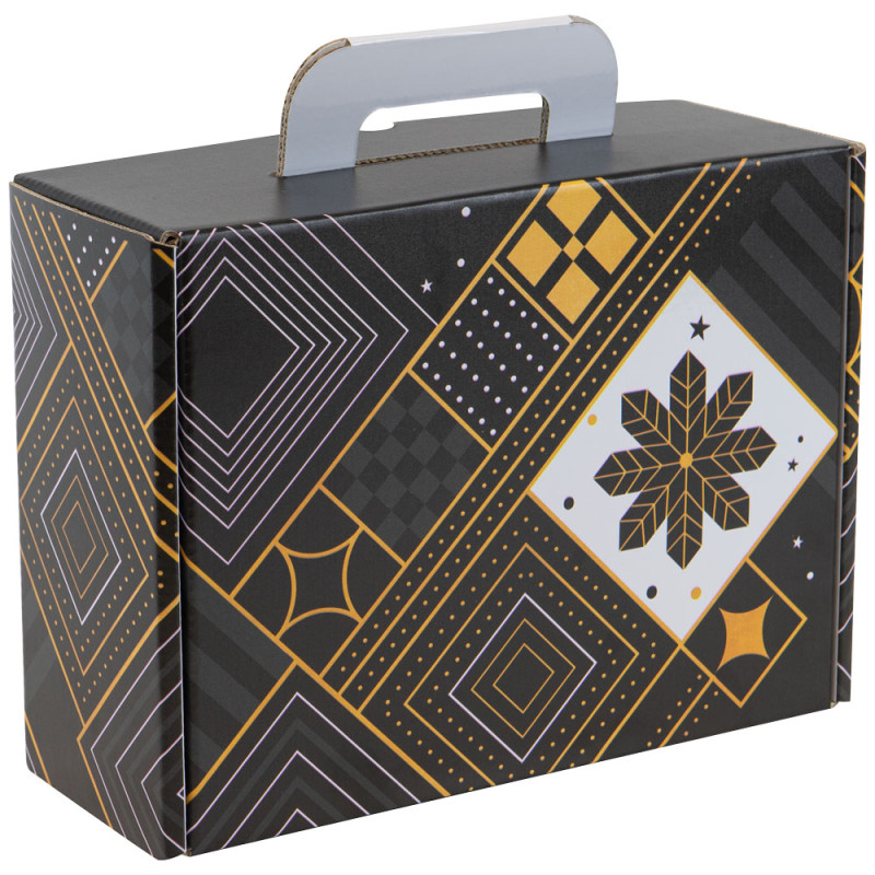 Valisette rectangulaire carton noir, blanc, jaune, livré à plat – Prestige – 34,5 x 22 x 12 cm
