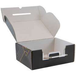 Valisette rectangulaire carton noir, blanc, jaune, livré à plat – Prestige – 34,5 x 22 x 12 cm