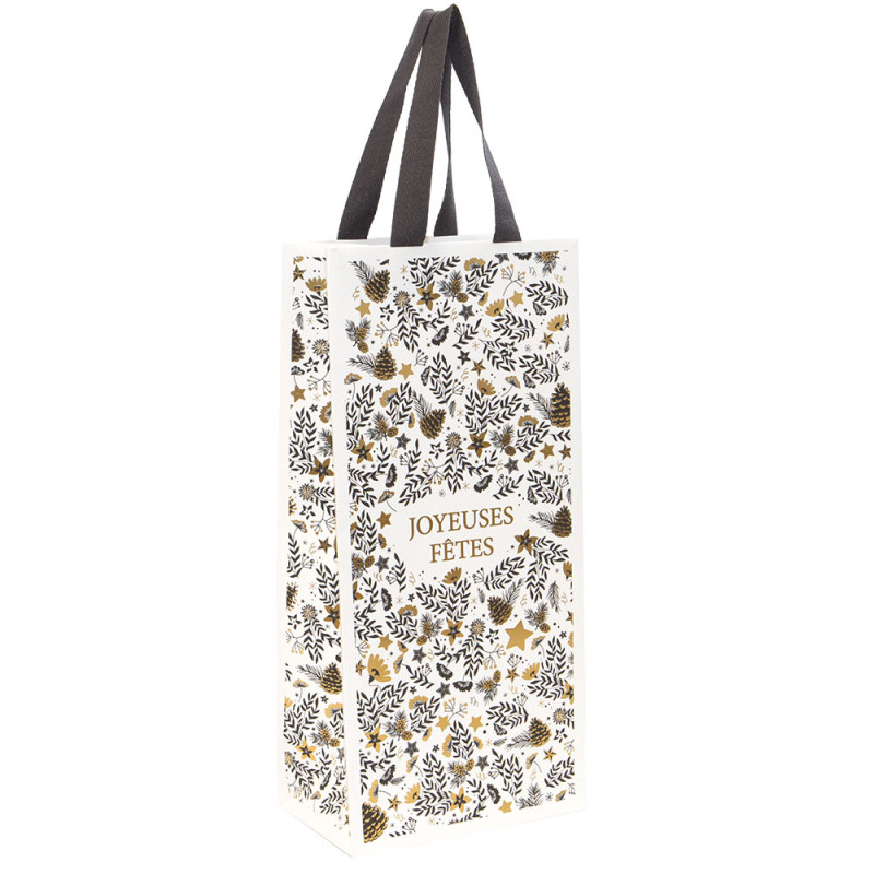 Sac rectangulaire 2 bouteilles en carton blanc et gris, dorure à chaud – Joyeuses Fêtes – 16,5 x 10 x 35 cm